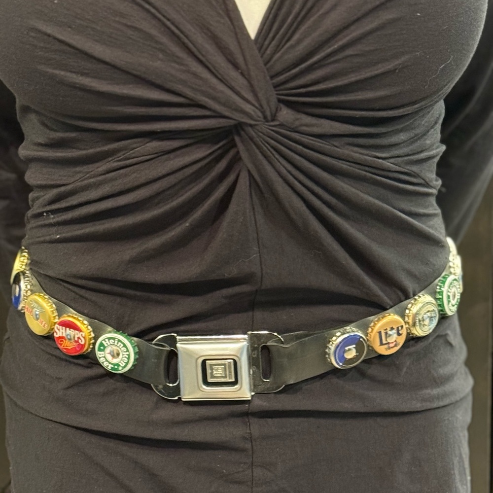 Black Belt with Colorful Bottle Cap Accents. Whimsical addition to any wardrobe.